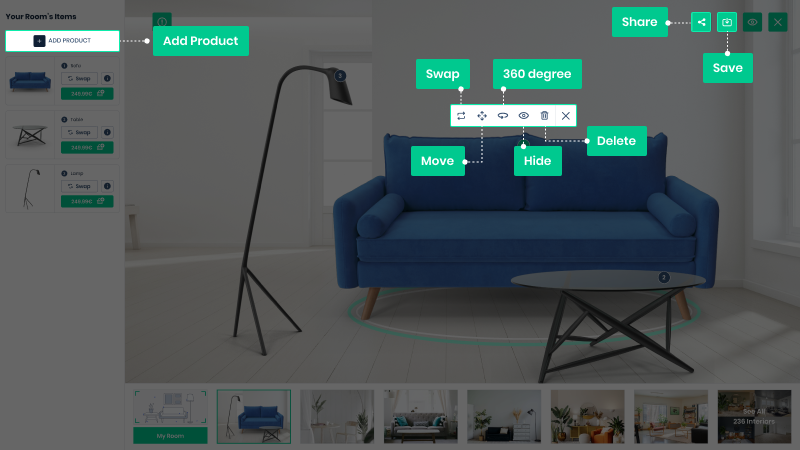 Zolak Virtual Furniture Showroom features