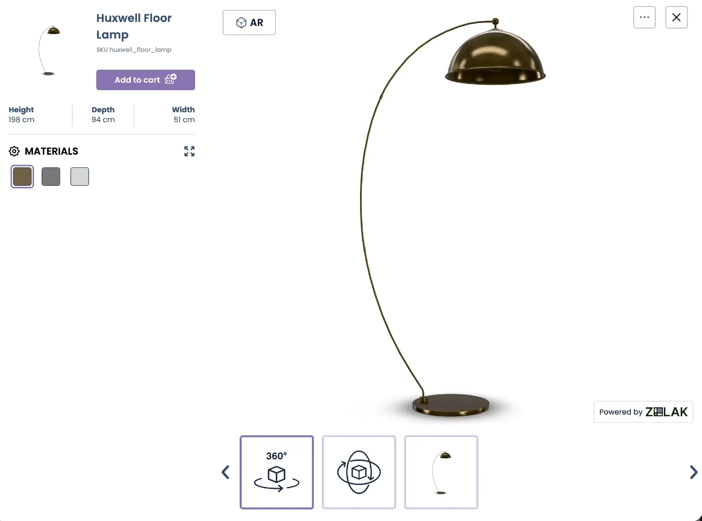 Zolak AR product configurator with a materials selector on a product page