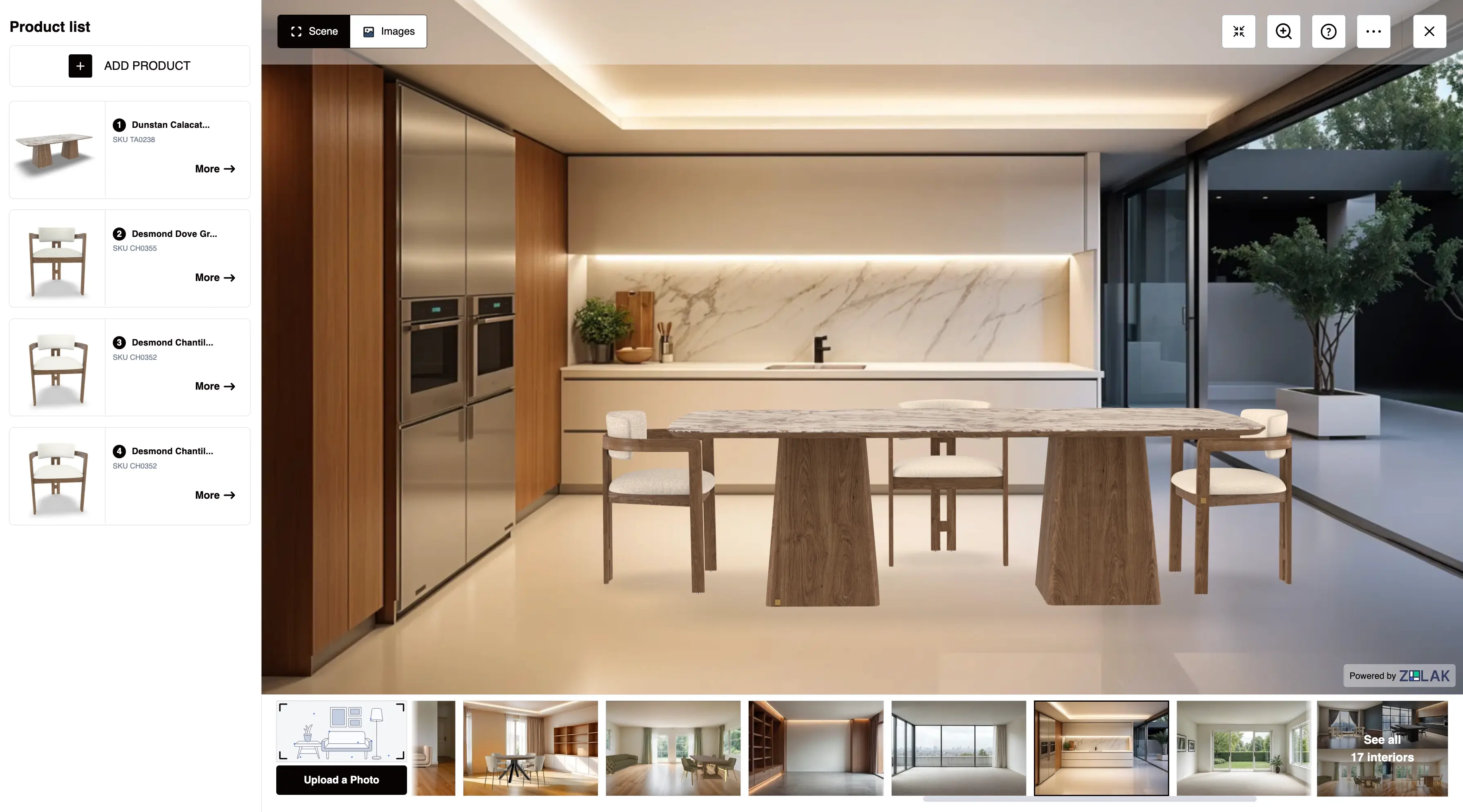 Koala Living Room Designer built on Zolak: product list with SKUs, styled dining scene and interior picker with photo upload