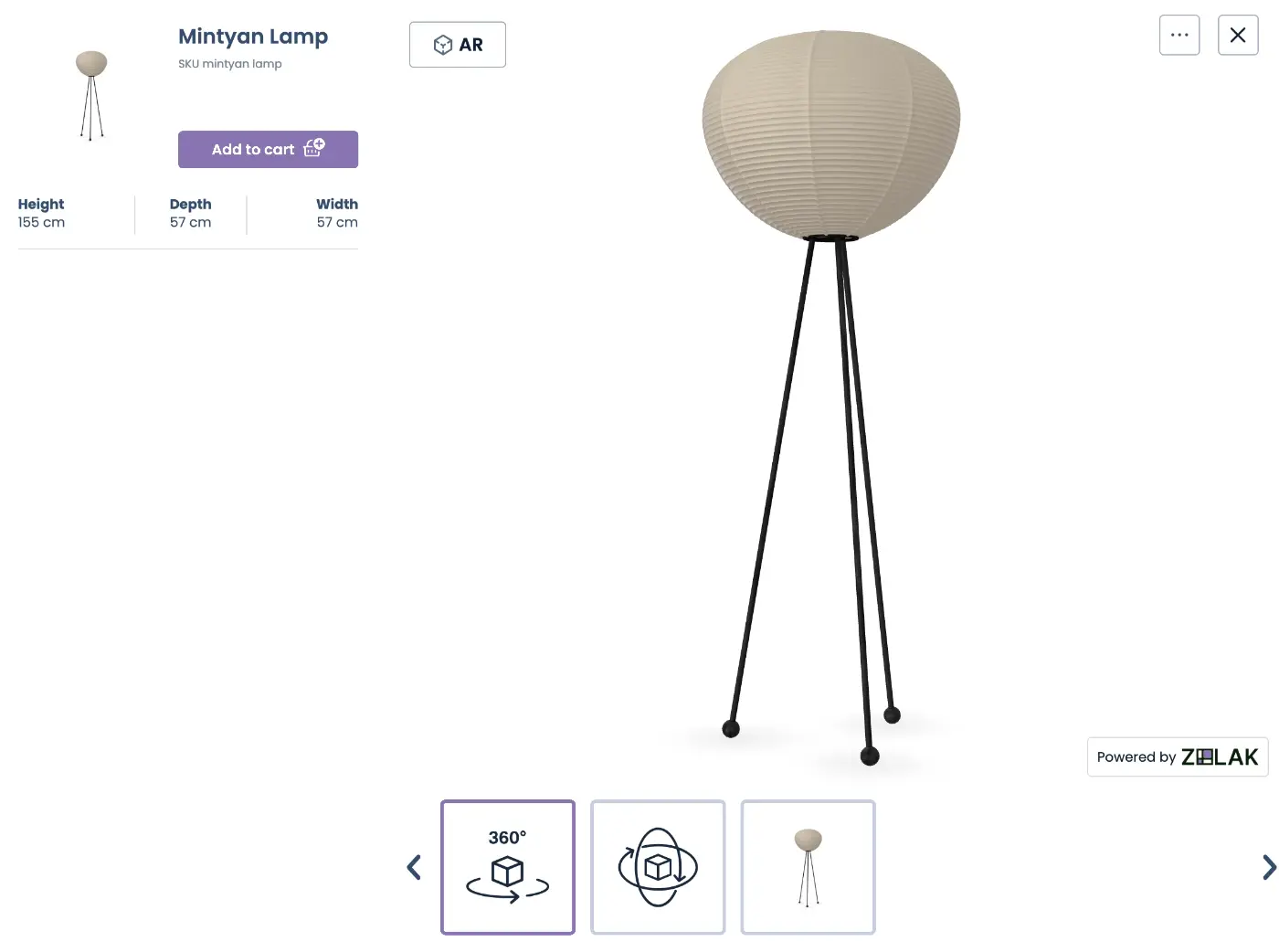 Zolak 3D Viewer with an AR launch button on a product page